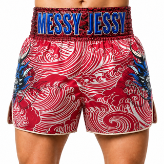 Custom Muay Thai shorts in black, red and grey dragon print satin with name waistband