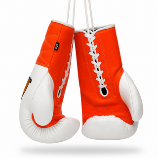 white and orange lace up custom boxing gloves with cross stitched wrist and embroidered character