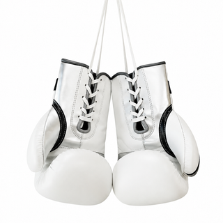 white lace-up boxing gloves with silver and black metallic leather detailing and smooth genuine leather finish
