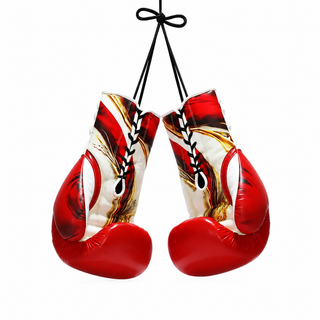 red lace-up boxing gloves with red and gold marble print, white leather panels, and metallic snake accents