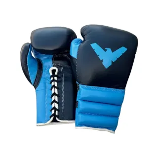 light blue metallic lace-up custom boxing gloves with black matt satin panels, white leather accents, and ridged wrist