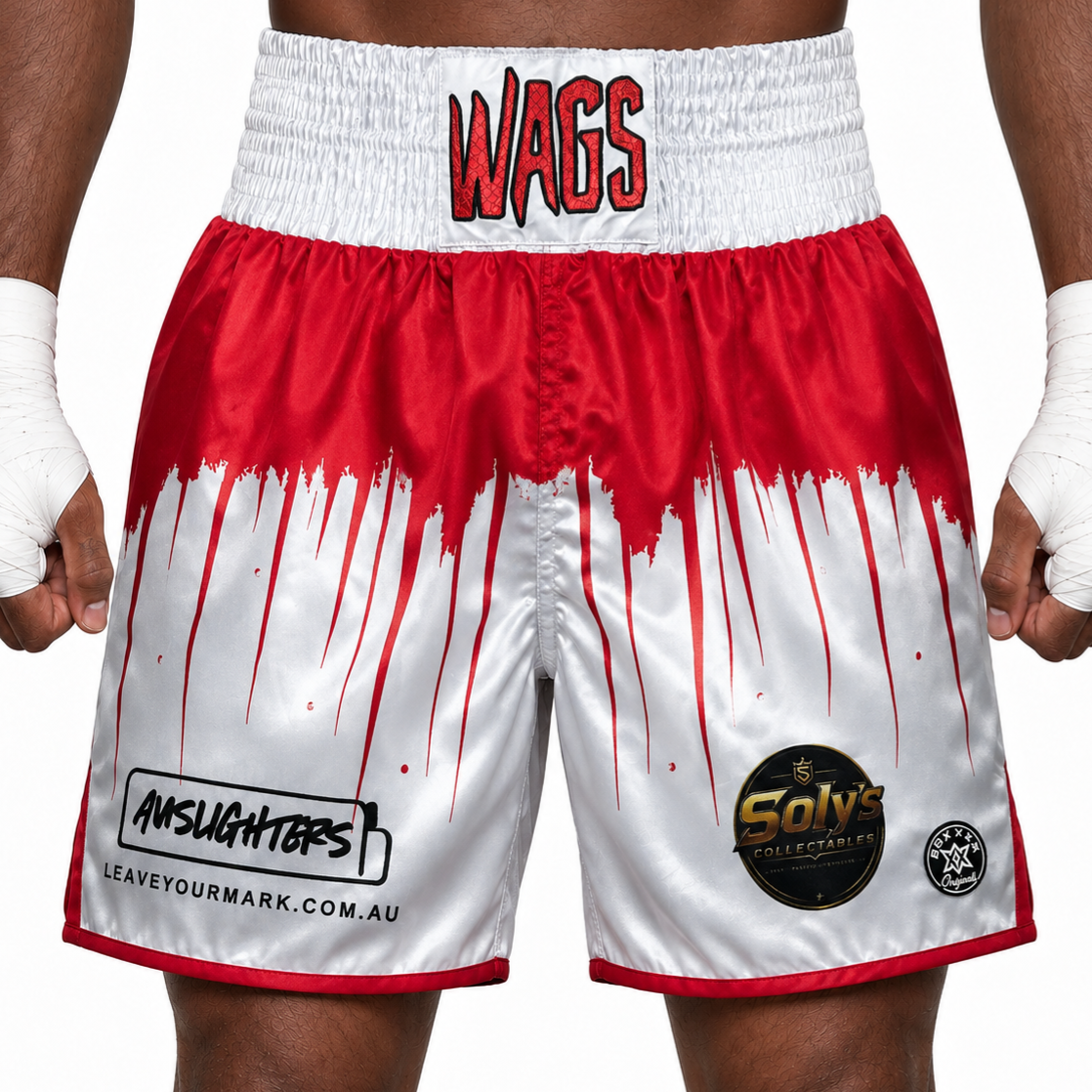 Shine bright BX Red & White William Custom Boxing Shorts & Trunks