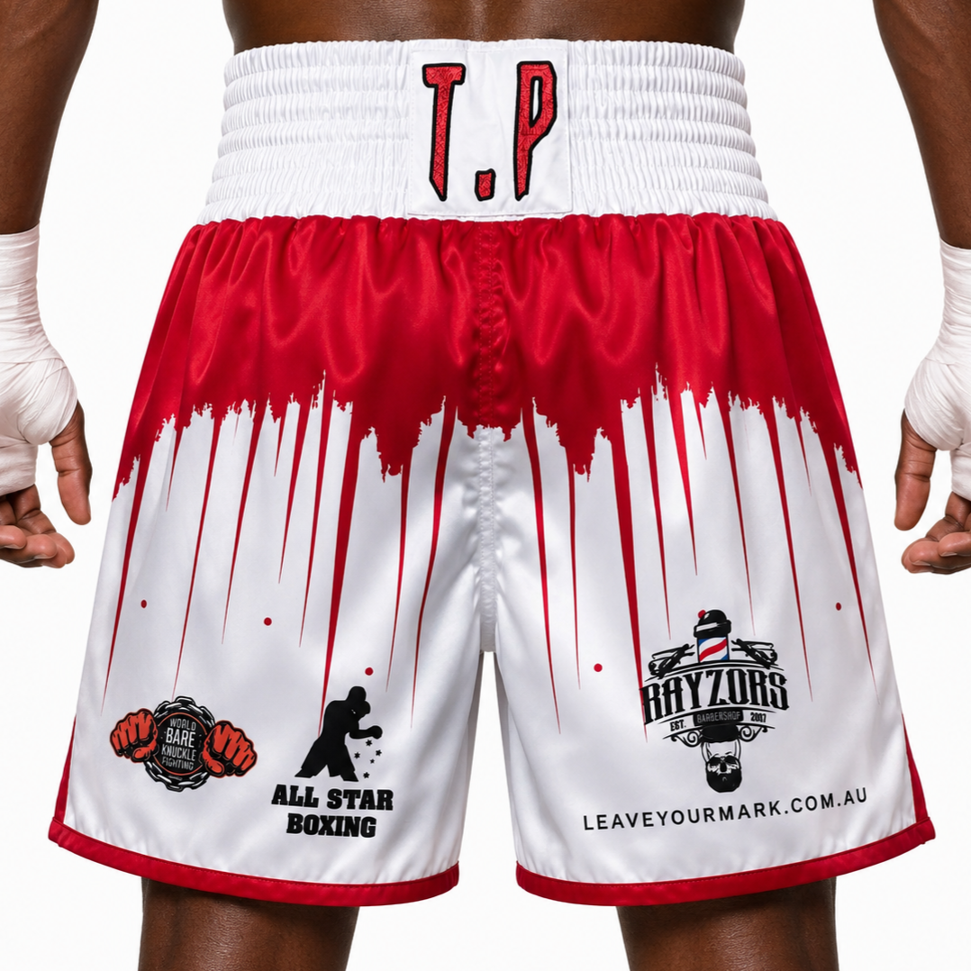 Shine bright BX Red & White William Custom Boxing Shorts & Trunks