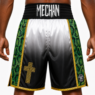 Side Stripe BX White - Black - Green snakes prints Andrew Custom Boxing Shorts & Trunks