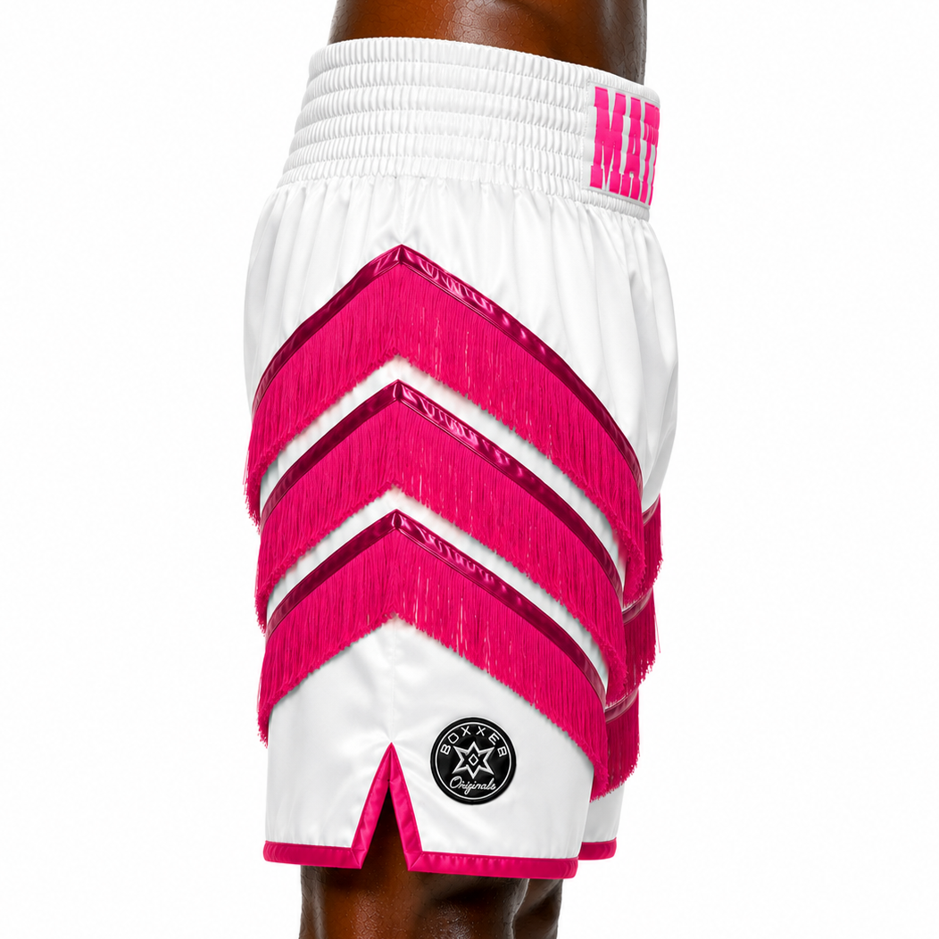 Rebel BX White & Pink Matthew Custom Boxing Shorts & Trunks