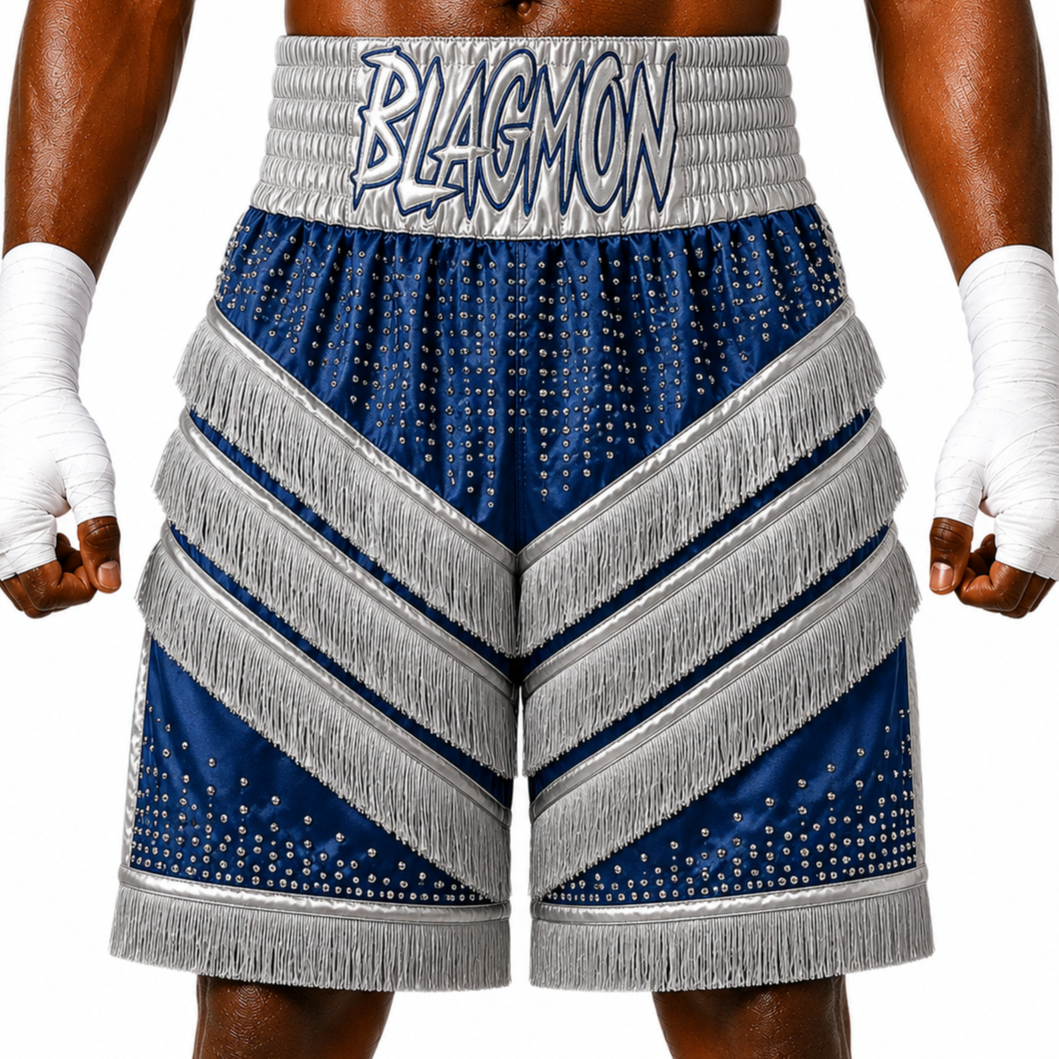 Rebel BX Navy & Silver Amani Custom Boxing Shorts & Trunks