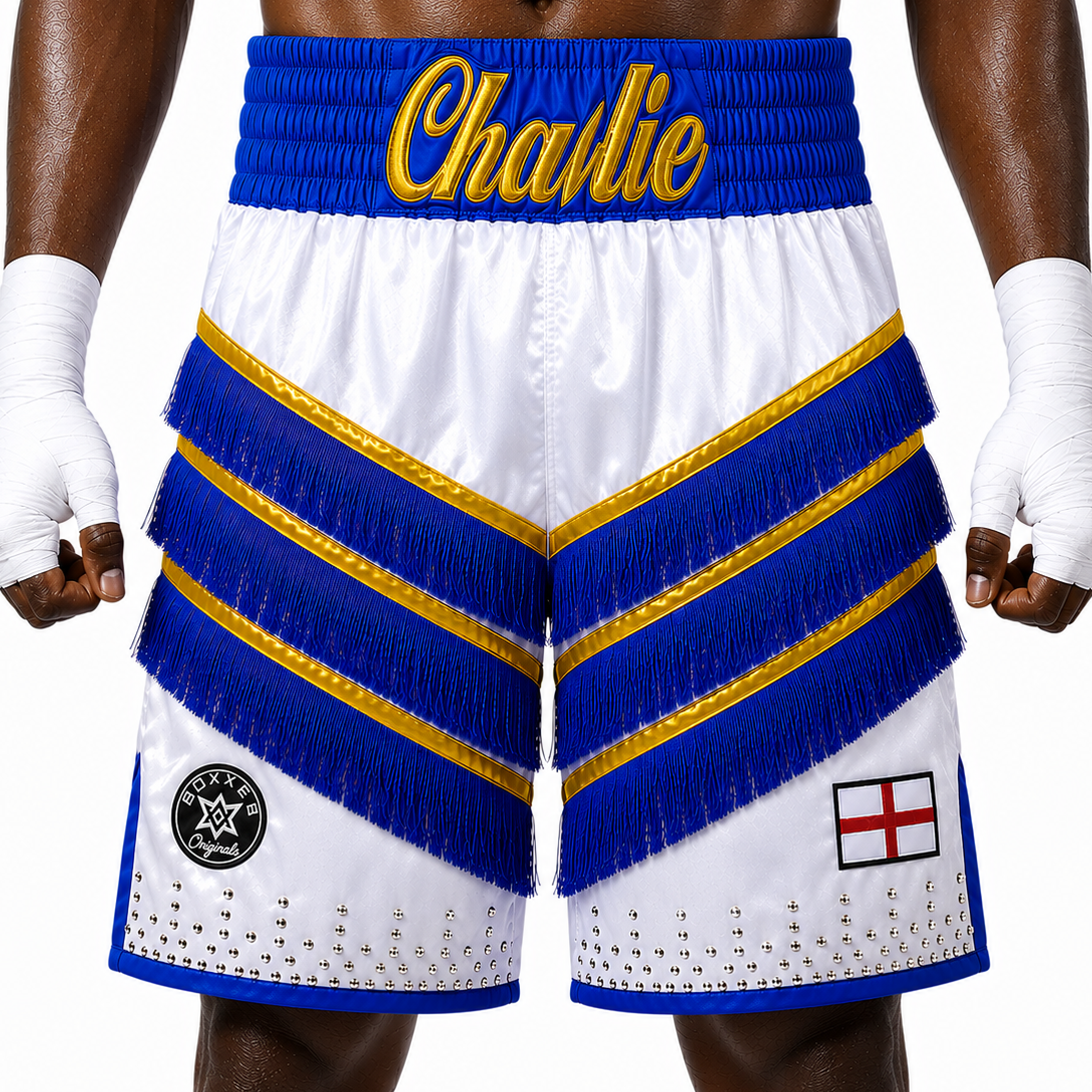 Rebel BX White & Blue Rachel Custom Boxing Shorts & Trunks