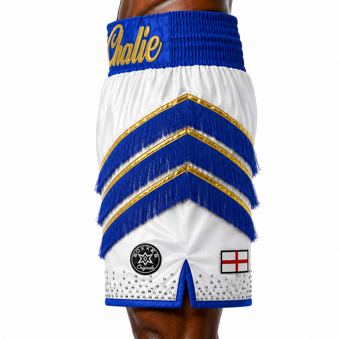Rebel BX White & Blue Rachel Custom Boxing Shorts & Trunks