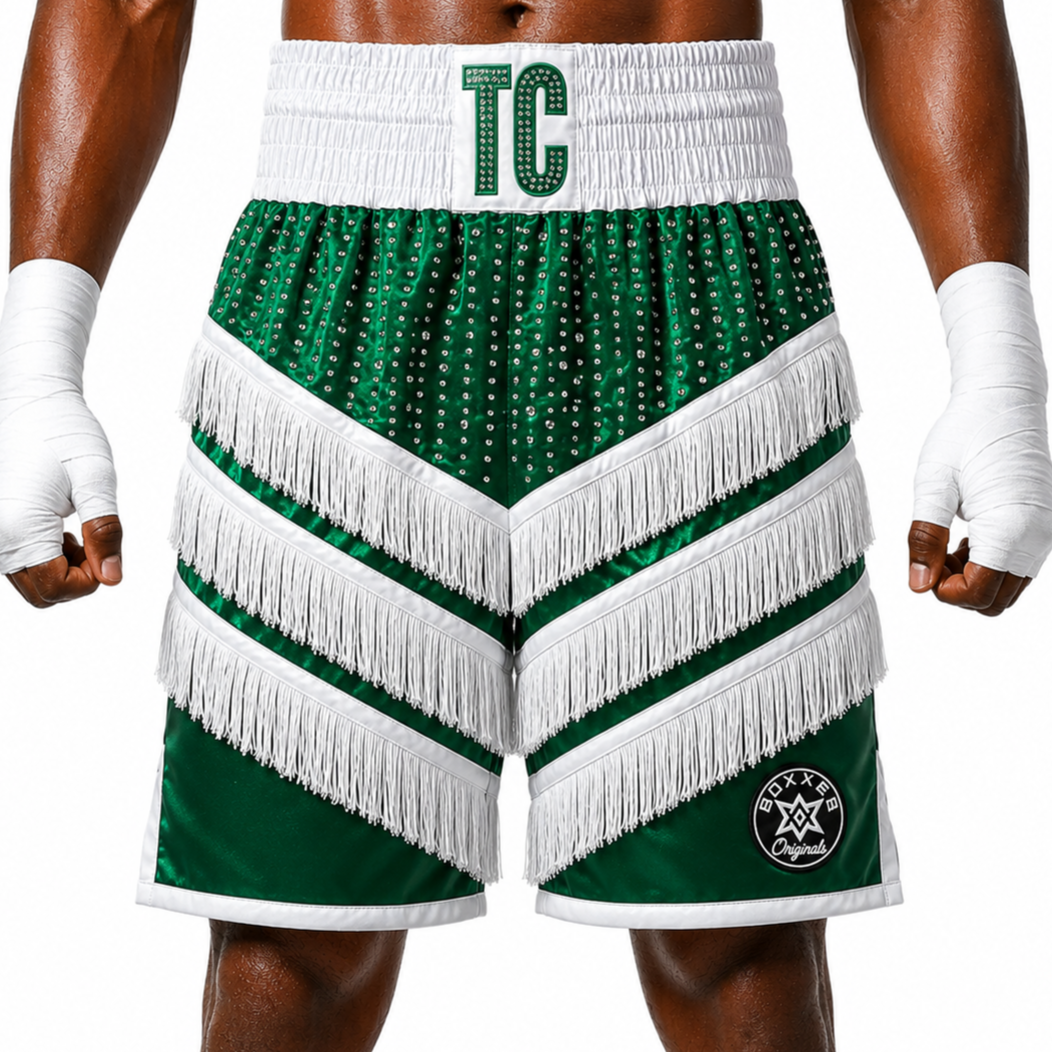 Rebel BX Green & White Aaron Custom Boxing Shorts & Trunks