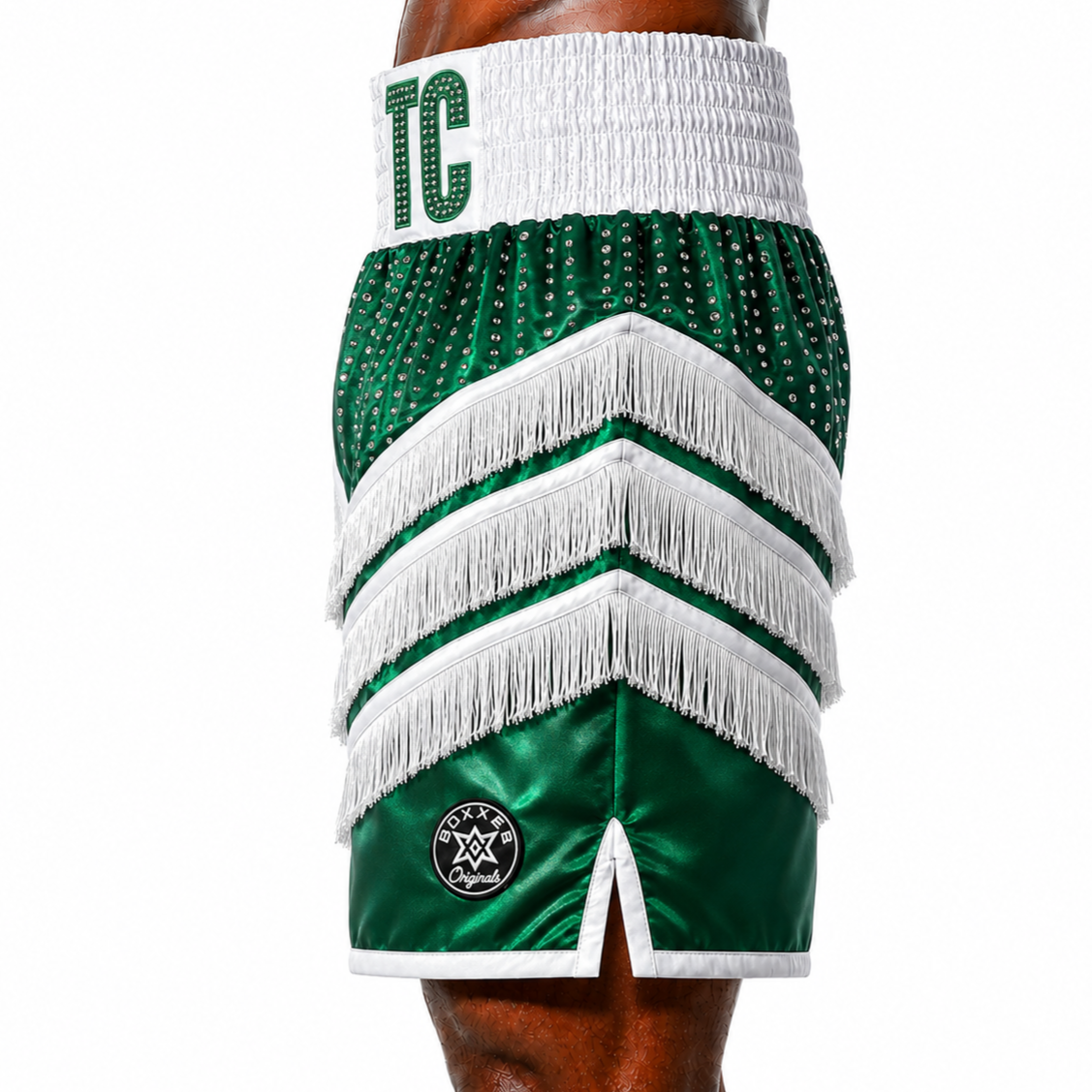 Rebel BX Green & White Aaron Custom Boxing Shorts & Trunks