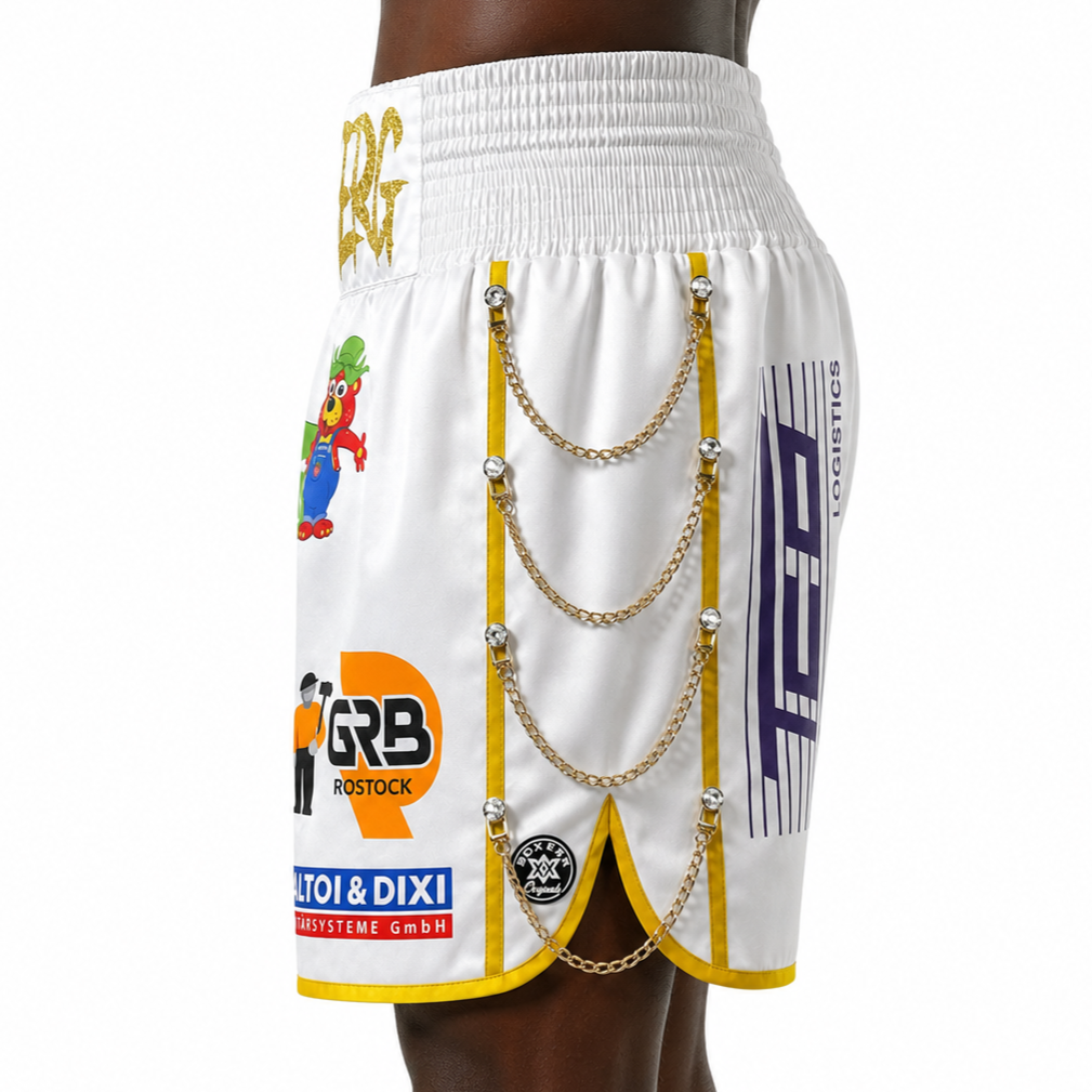 SOLDIER BX White & Gold Felix Custom Boxing Shorts & Trunks
