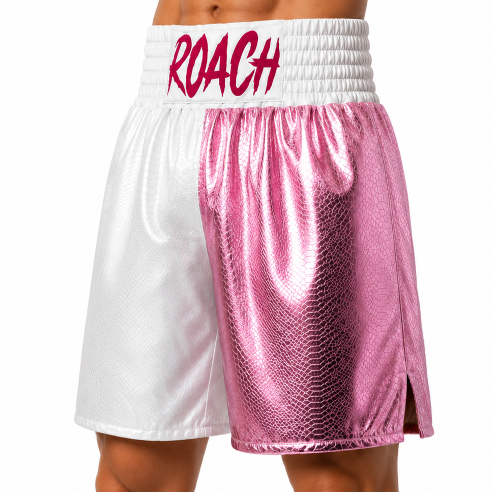 Haringey BX White & Pink metallic snakes Bryant Custom Boxing Shorts & Trunks
