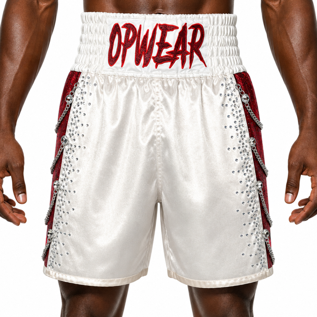 SOLDIER BX Champagne & Red Abraham Custom Boxing Shorts & Trunks