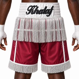 JOSHUA BX Maroon & White Redor Custom Boxing Shorts & Trunks
