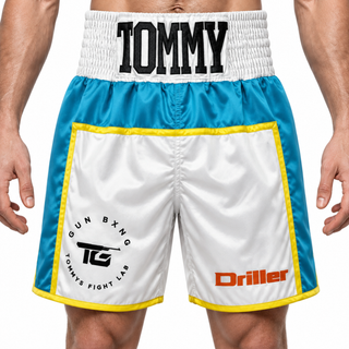 JOSHUA BX White & Blue Tommy Custom Boxing Shorts & Trunks