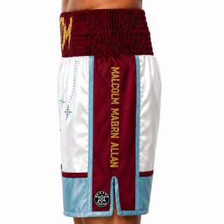 Attack Bx White & Maroon & Blue Thomas  Custom Boxing Shorts & Trunks