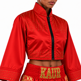 Classic Women's Crop JKT Red & Gold Glitter Charan Jackets