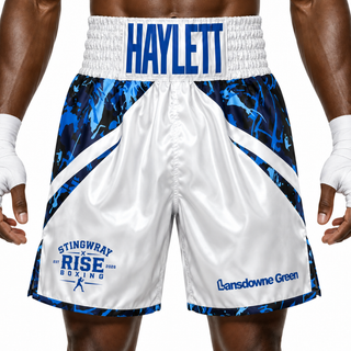 V Plus BX White & Blue Camo Jonathan Custom Boxing Shorts & Trunks
