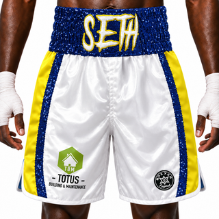 RUMBLE BX White & Yellow & Blue Jamie Custom Boxing Shorts & Trunks