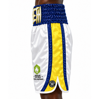 RUMBLE BX White & Yellow & Blue Jamie Custom Boxing Shorts & Trunks