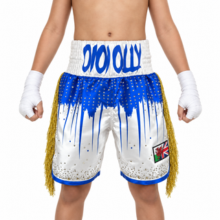 Shine bright BX White & Blue Ross Custom Boxing Shorts & Trunks