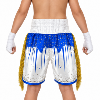Shine bright BX White & Blue Ross Custom Boxing Shorts & Trunks