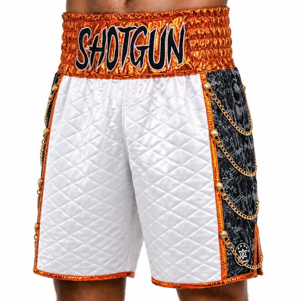 SOLDIER BX jorge White & Orange Custom Boxing Shorts & Trunks