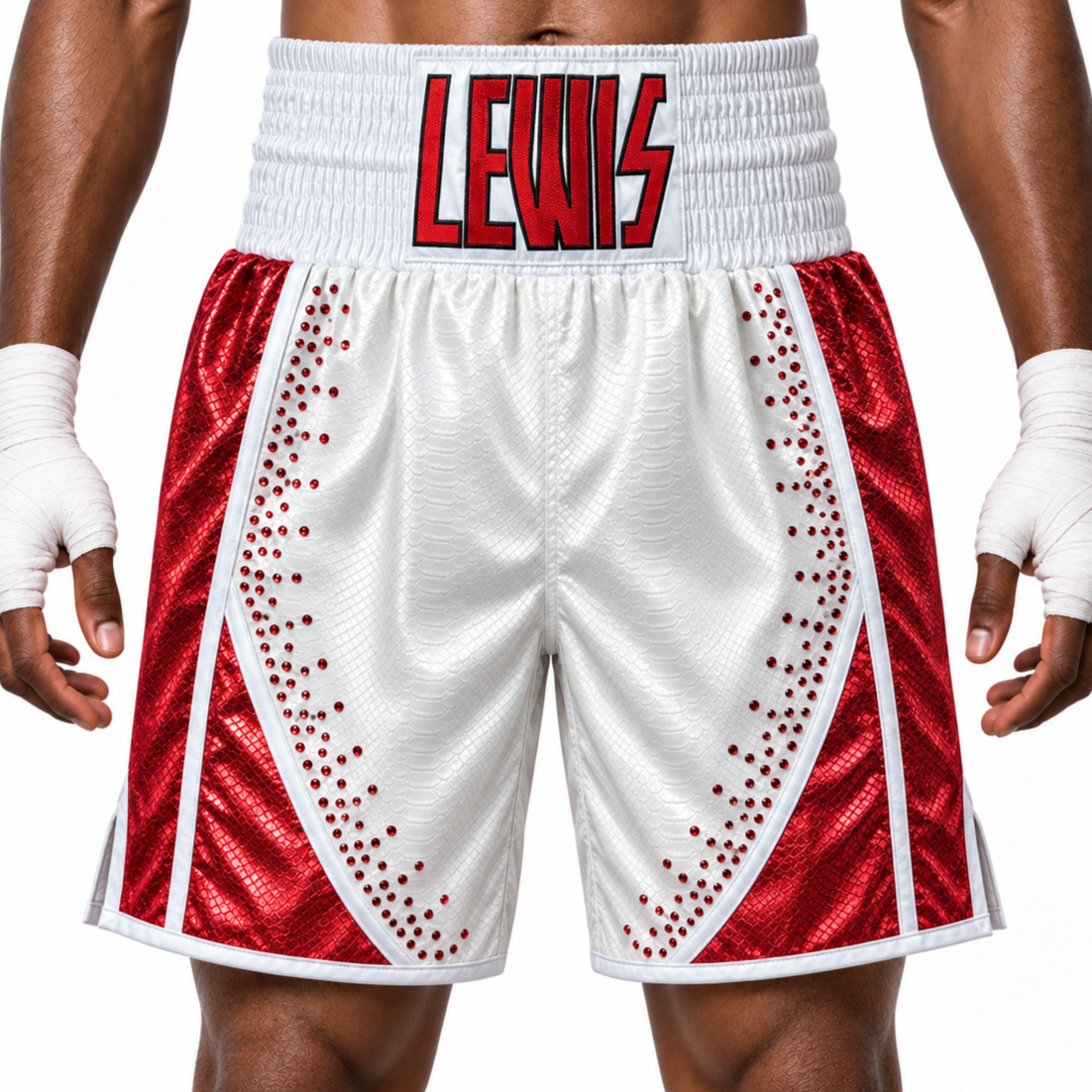 CHAOS BX White & Red Crystals Lewis Custom Boxing Shorts & Trunks
