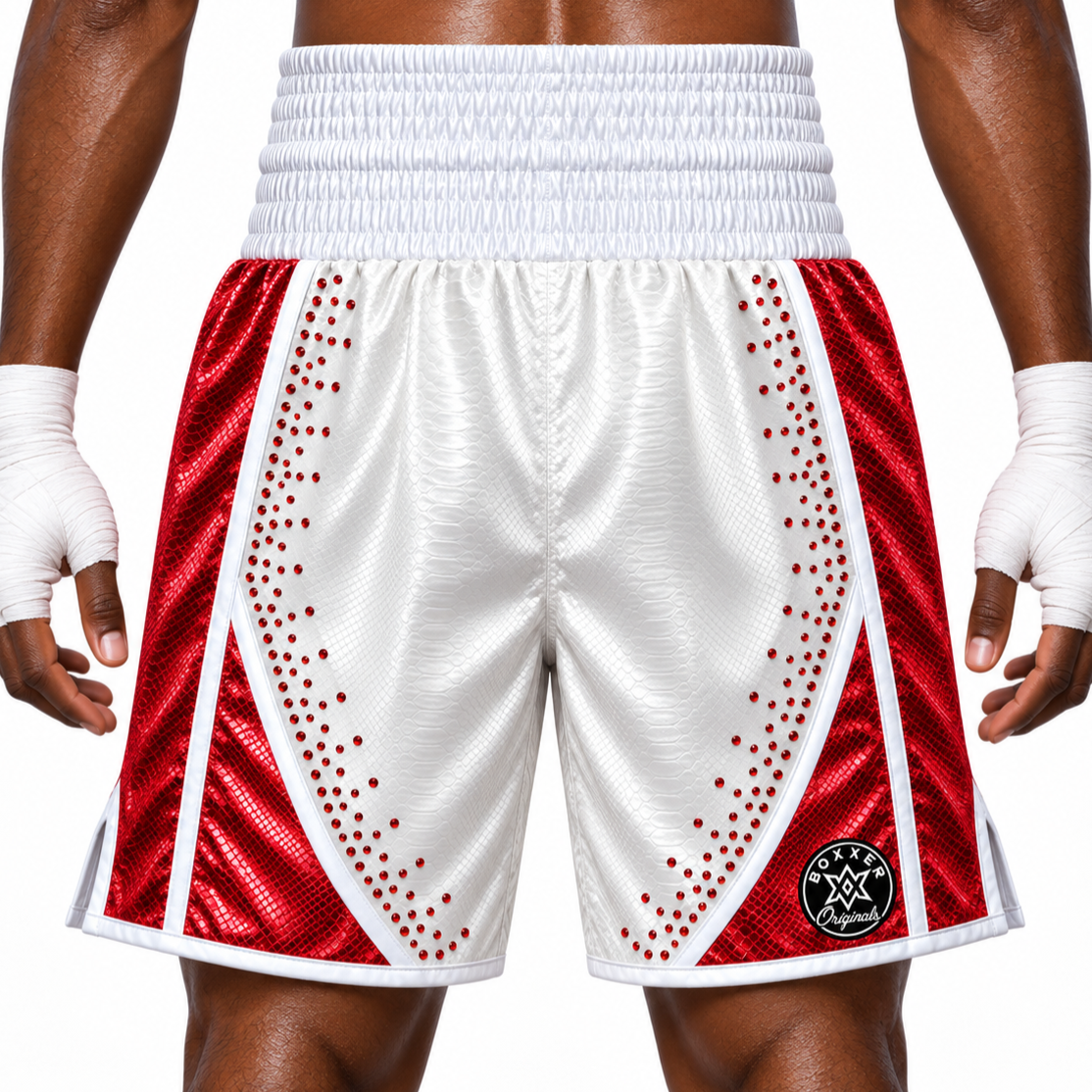 CHAOS BX White & Red Crystals Lewis Custom Boxing Shorts & Trunks