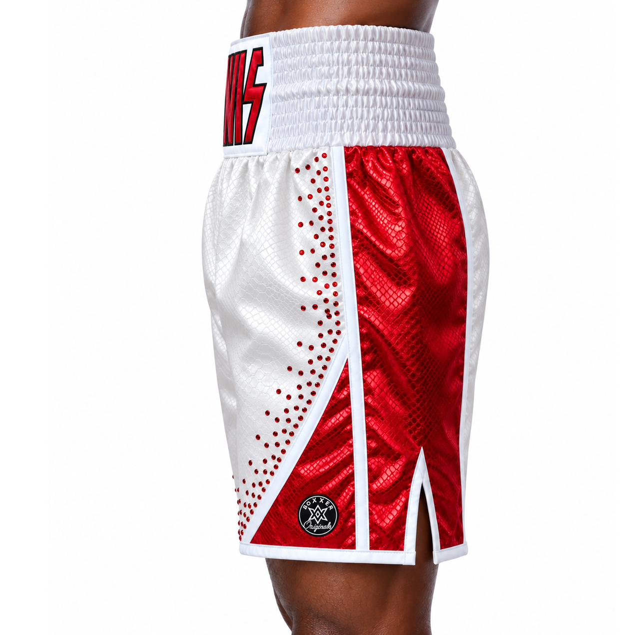 CHAOS BX White & Red Crystals Lewis Custom Boxing Shorts & Trunks