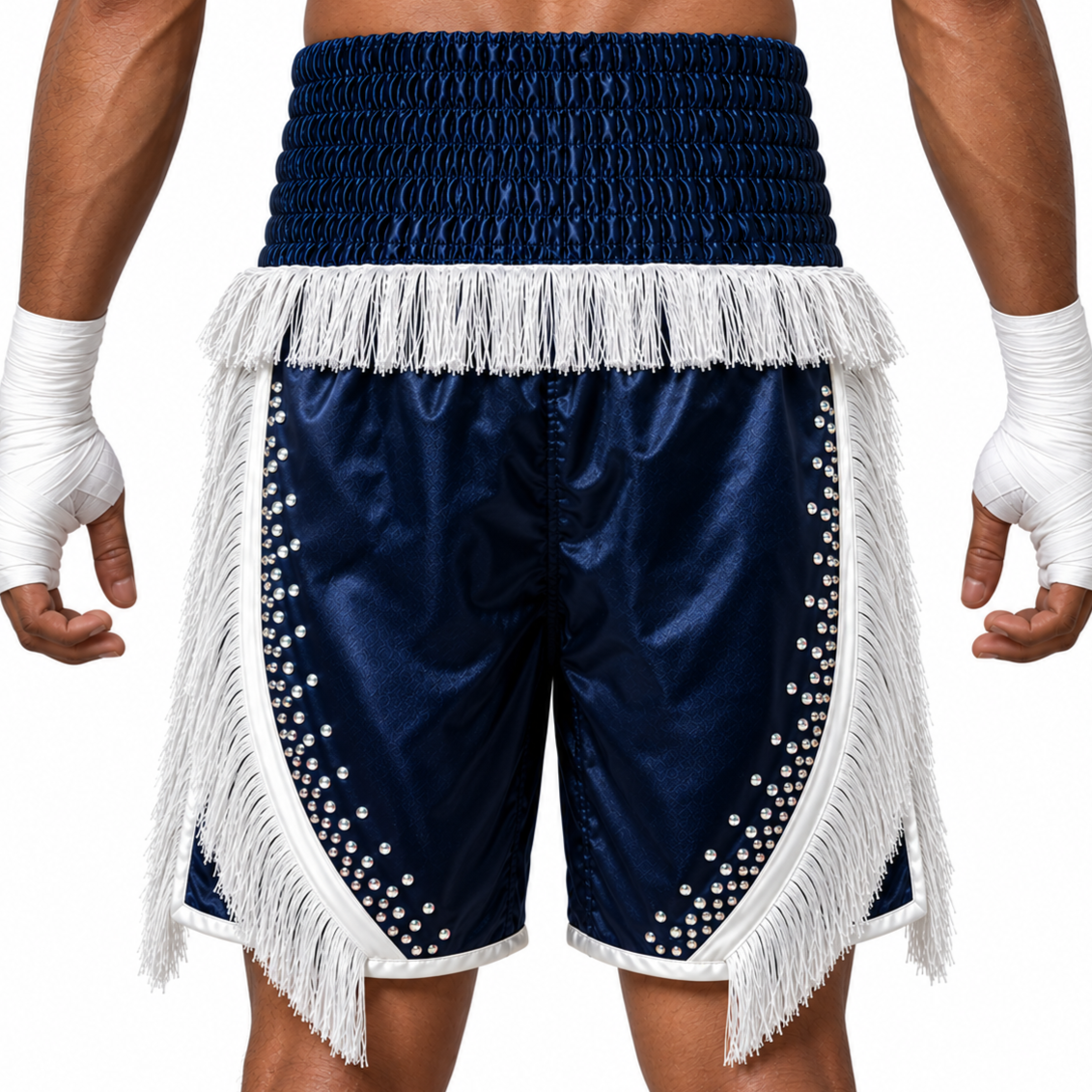 CHAOS BX Navy Blue & White & Crystals James Custom Boxing Shorts & Trunks