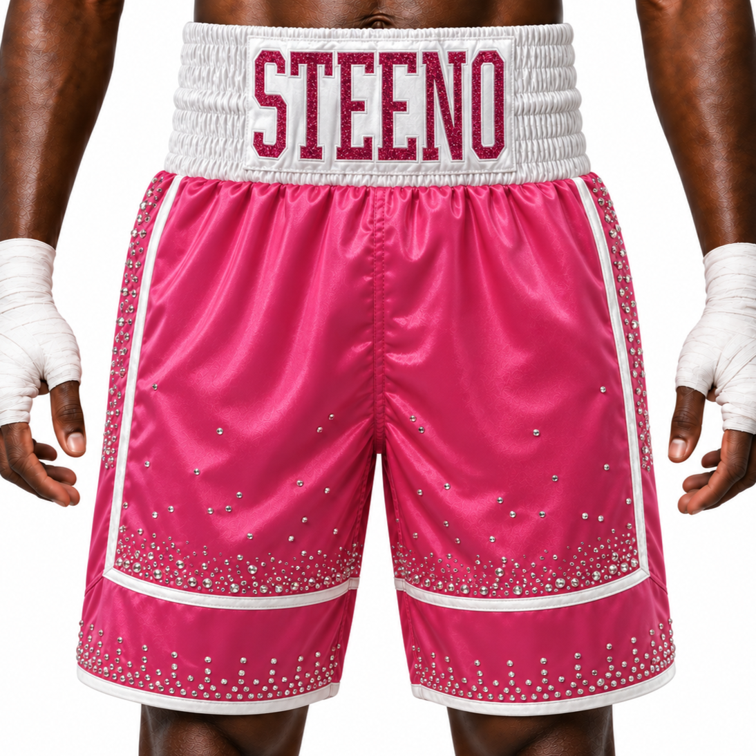 BOMBER BX Pink & White with Crystals Isiah Custom Boxing Shorts & Trunks