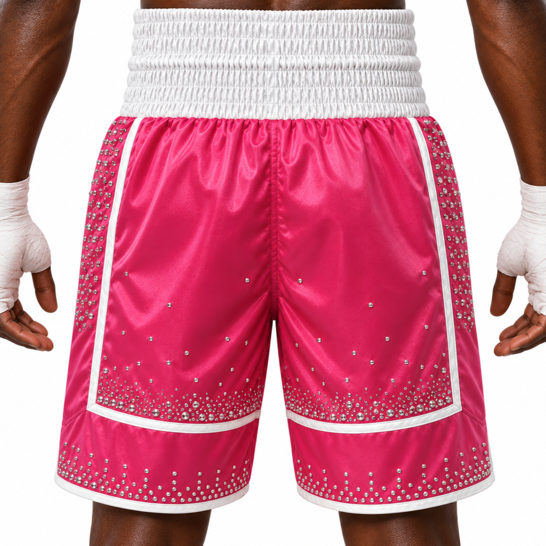 BOMBER BX Pink & White with Crystals Isiah Custom Boxing Shorts & Trunks