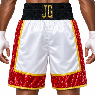 BOMBER BX White & Red Jon Custom Boxing Shorts & Trunks