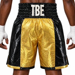 All Mayweather BX Gold & Black Super High Shine Chris Custom Boxing Shorts & Trunks