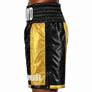 All Mayweather BX Gold & Black Super High Shine Chris Custom Boxing Shorts & Trunks