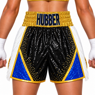 CHAOS BX Black-Gold-White with Crystals [female] Kim Custom Boxing Shorts & Trunks