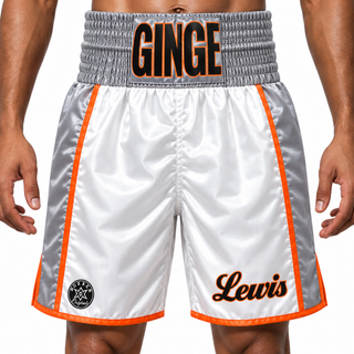 Side Stripe BX White & Silver & Orange GINGE Custom Boxing Shorts & Trunks