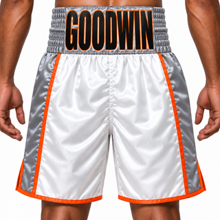 Side Stripe BX White & Silver & Orange GINGE Custom Boxing Shorts & Trunks