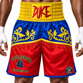 Red-Blue-Yellow Duke boxing shorts with crystals