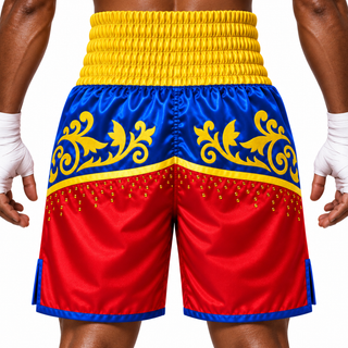 Red-Blue-Yellow Duke boxing shorts with crystals