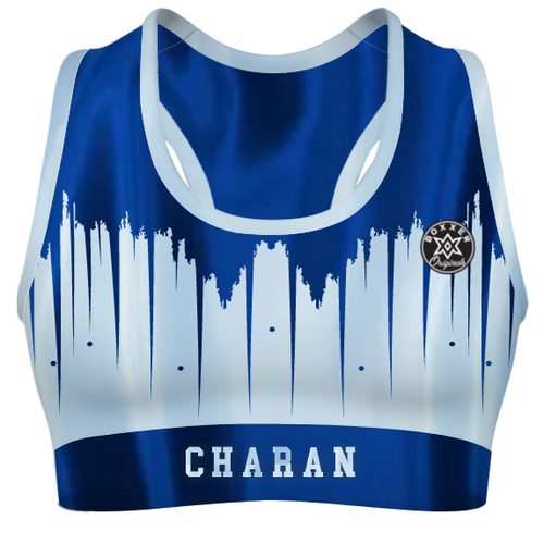 Shine Bright custom sports bra with drip-effect design and contrasting trims.