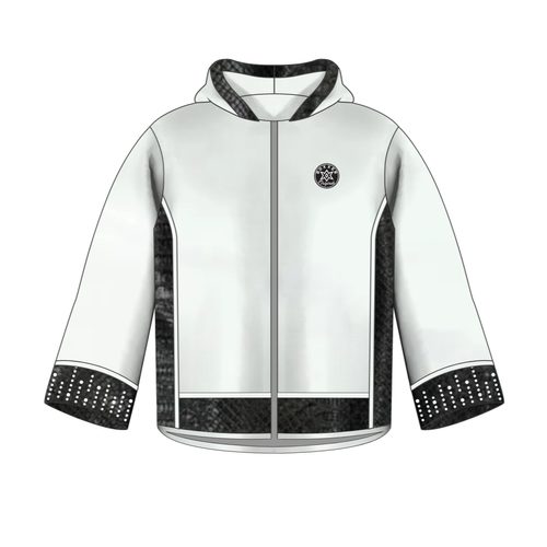 Attack custom boxing jacket with side and lower panels, contrasting trims, hood or collar options.