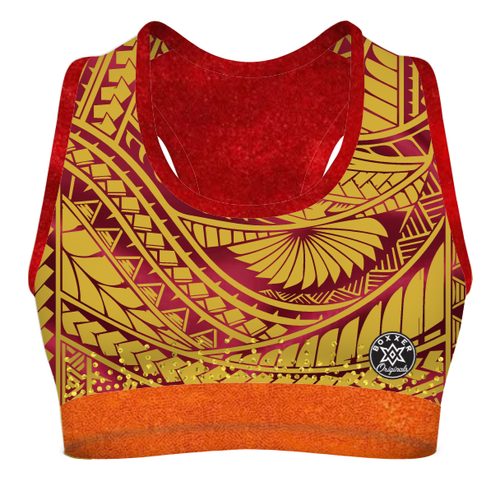 Tribal sports bra with sublimated tattoo-style artwork, supportive fit and full custom colour, text and logo options for boxing, Muay Thai and MMA fighters.