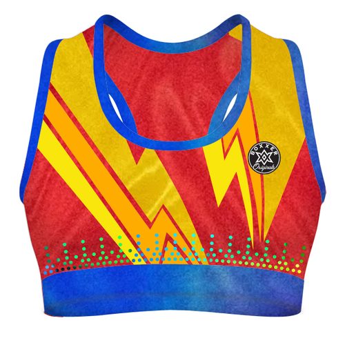 Racer-back sports bra with lightning motifs and optional metallic or crystal trims.