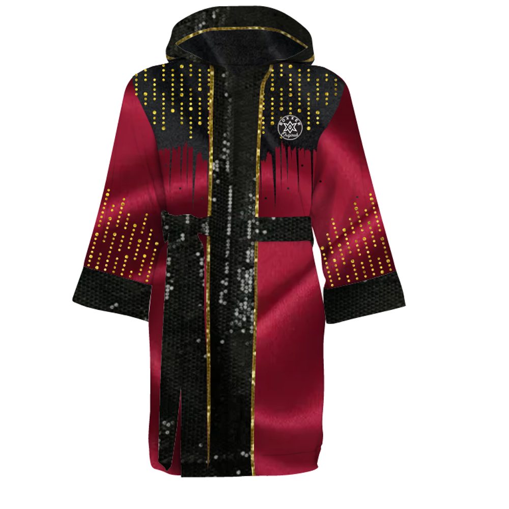 Shine Bright custom boxing robe with on-trend drip-effect look, traditional hood, and full-length cut.