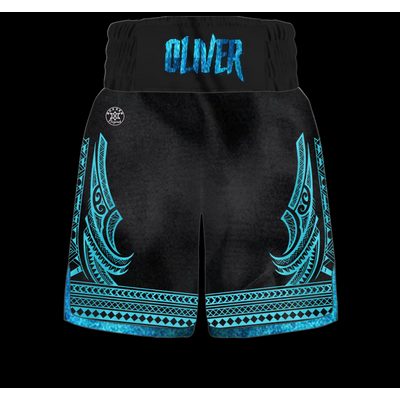 Tribal Haka boxing shorts with fully sublimated Maori-style artwork on the side panels, available in Standard, Retro and Women’s fits with full custom options.