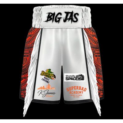 Tribal boxing shorts with fully sublimated tattoo-style artwork on the side stripes, lightweight construction and full custom colour and logo options.